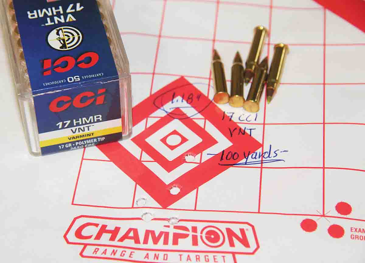 CCI’s fast 17-grain VNT Polymer Tip ammunition created this 1.18-inch group at 2,711 fps with five shots at 100 yards.